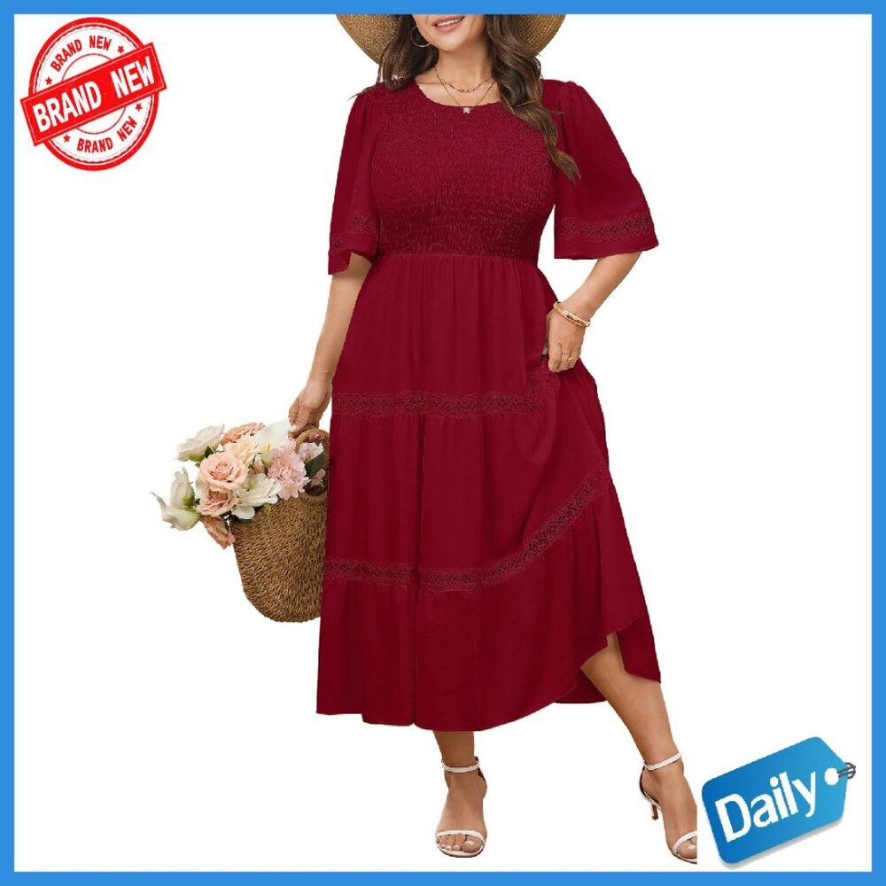 Plus Size Maxi Dress Smocked Bodice Hollow Out Sleeves Wedding Guest